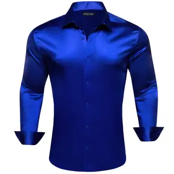 Дизайнерские шелковые мужские рубашки из мерсеризованного Однотонного атласа Королевского синего цвета с длинным рукавом, Повседневные Деловые Приталенные мужские блузки, топы Barry Wang