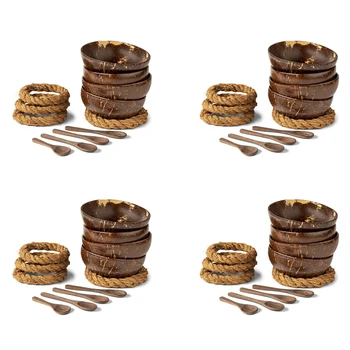 Кокосовые миски с ложками и подставками - набор из 16 мисок из скорлупы кокосового ореха + деревянные ложки и держатели без колебаний для салата