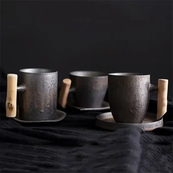 Керамические офисные Чайные кружки в японском стиле, Винтажная чашка для воды, ретро Кофейное молоко с деревянной ручкой, посуда для напитков